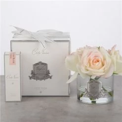 Cote Noire - Five Blush Pink Roses Clear Glass Silver Crest